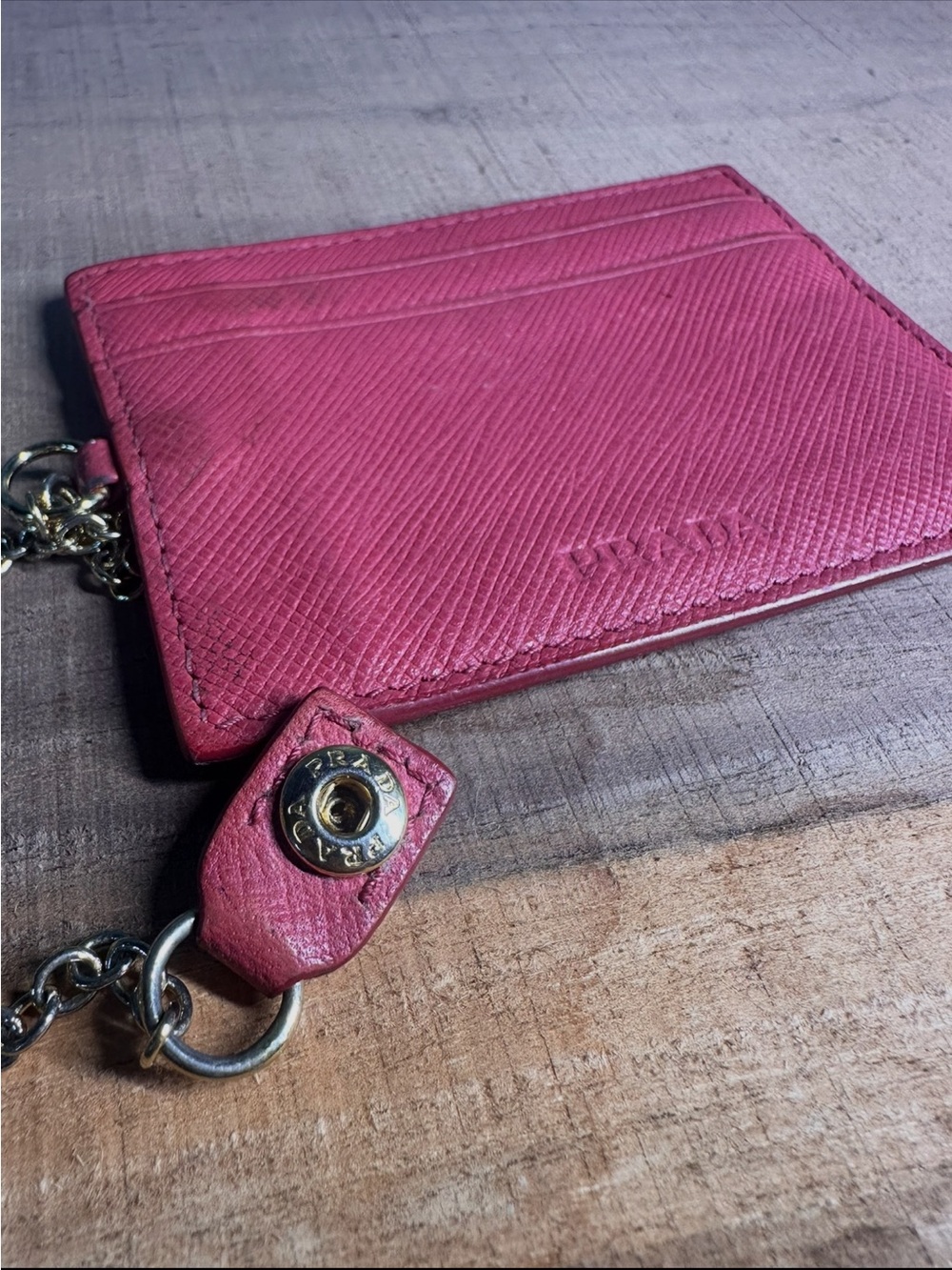 Prada Hot Pink Saffiano Leather Card Holder with Chain Keyring Made in Italy